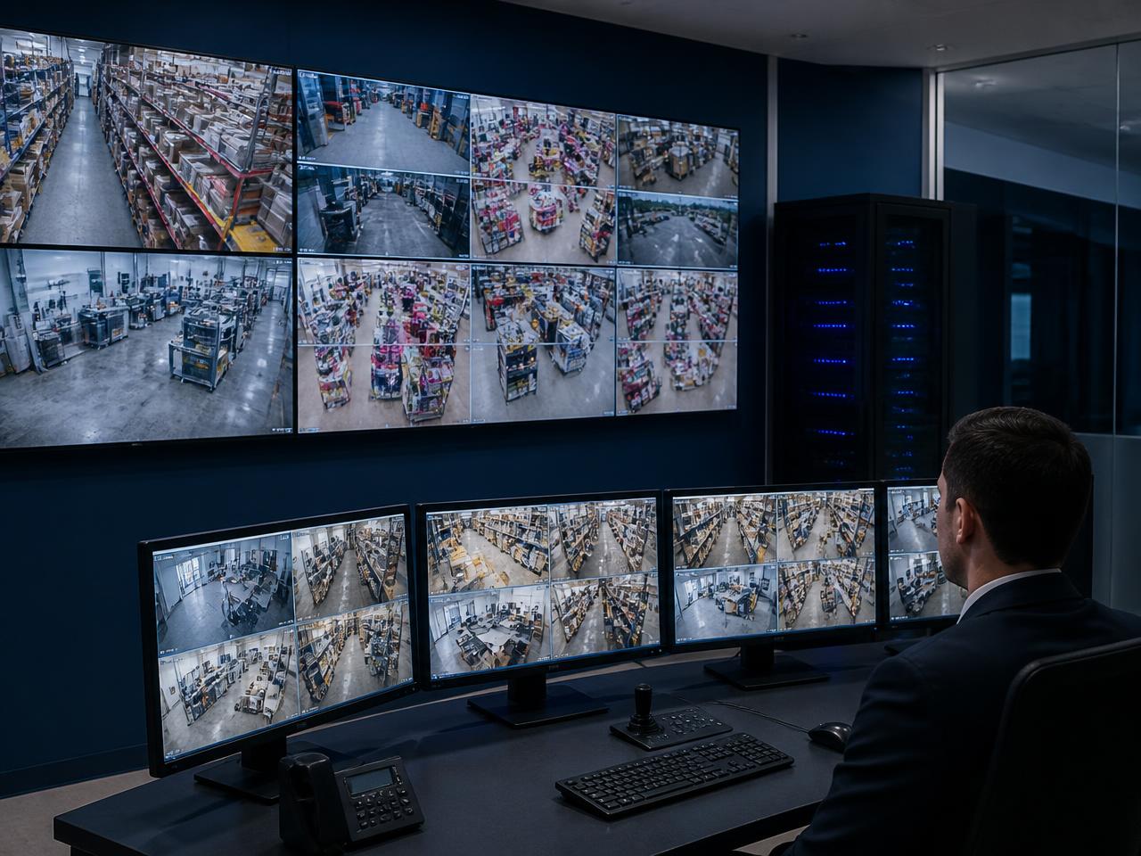 Security control room with a multi-channel CCTV monitoring wall and NVR rack