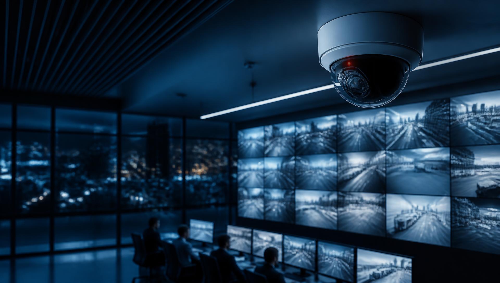 Security control room with a wall of CCTV monitoring screens and a professional dome surveillance camera